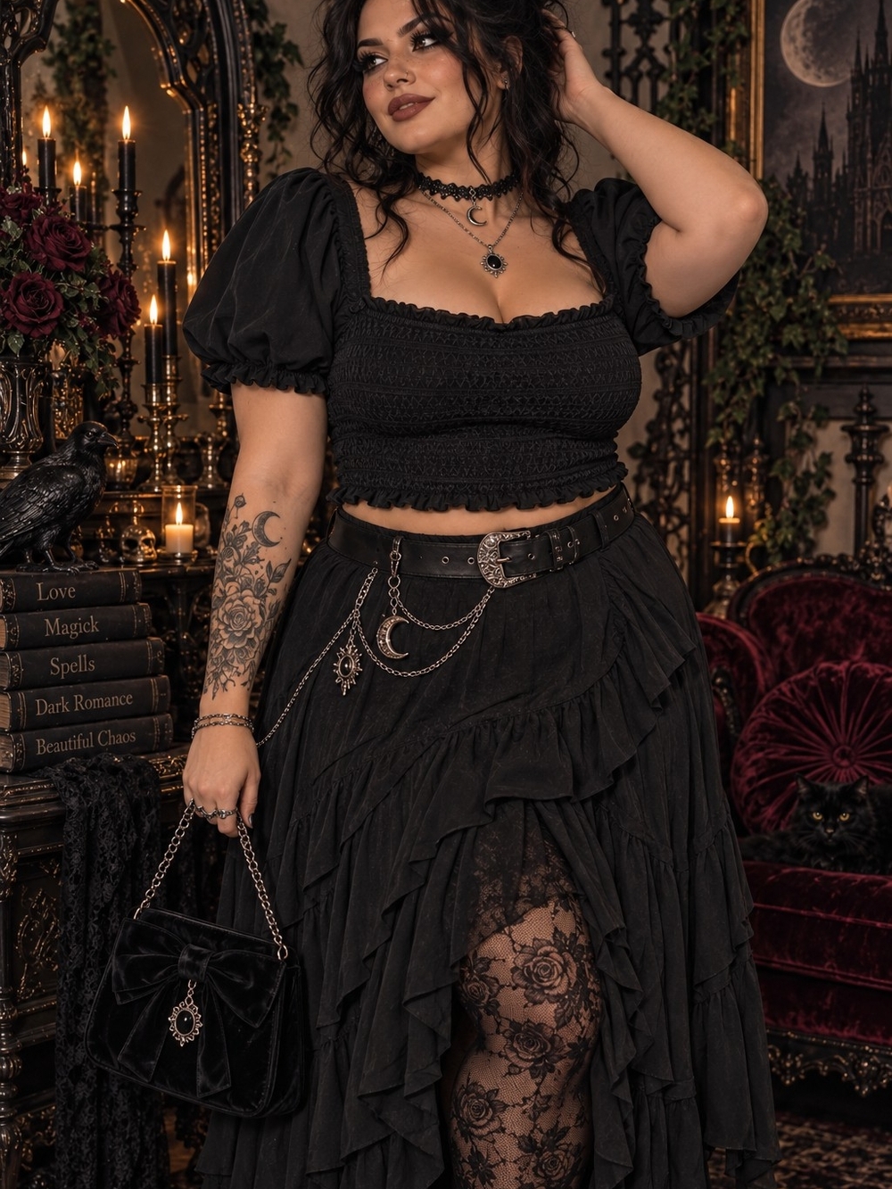 Black Gothic Tiered Ruffle Maxi Skirt - Women's Skirt